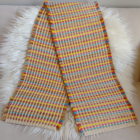 Threshold Table Runner 14x72 Natural Jute Multicolor Stripe Fringe - Picture 1 of 9